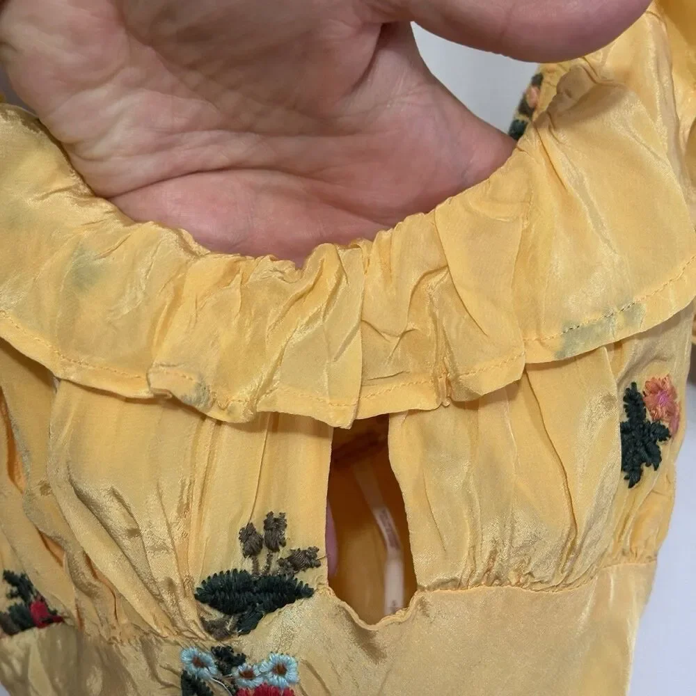 Free People Bali Santa Cruz Ruffle Maxi Dress S Yellow Floral Puff Sleeve Boho